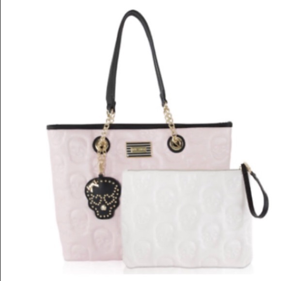 Betsey Johnson Pink Tote Clutch Charm Skull 3 in 1 - Picture 2 of 8